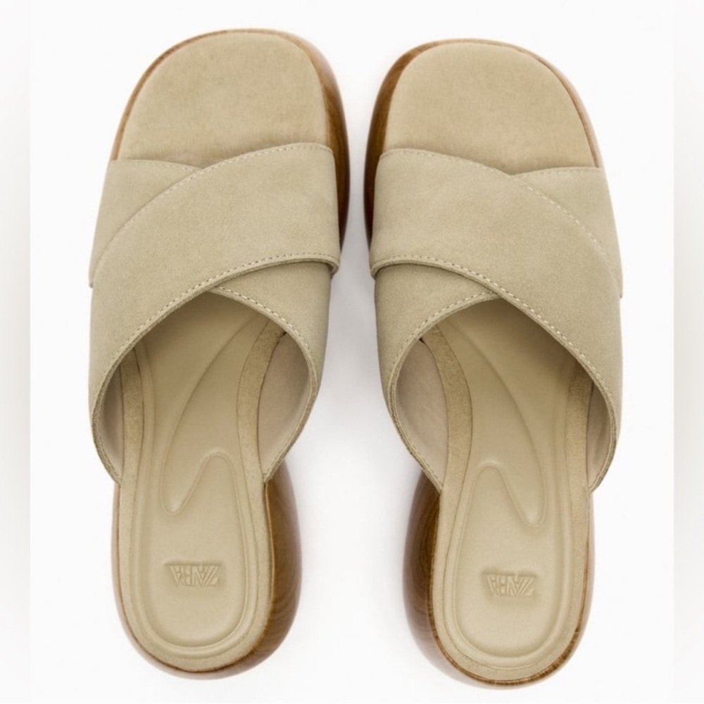 Zara Platform Tan Air Fit Cow Leather Upper Sandal Clogs Sz. 8 - Picture 4 of 15